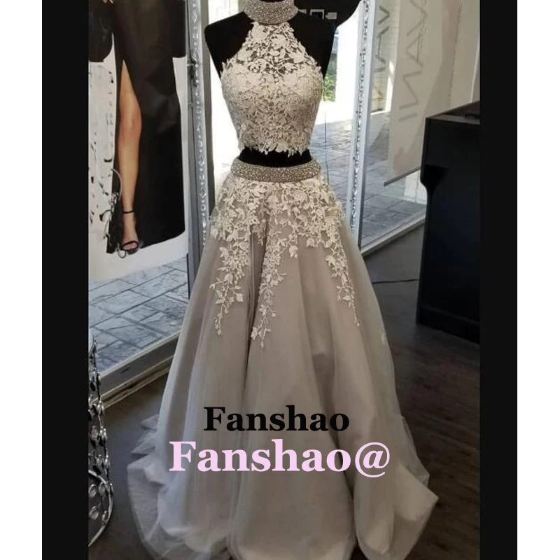 

Silver Grey Tulle Two Pieces Evening Dress Appliques Formal Party Prom Wedding Saudi Arabric Dubai Vestidos de Fiesta