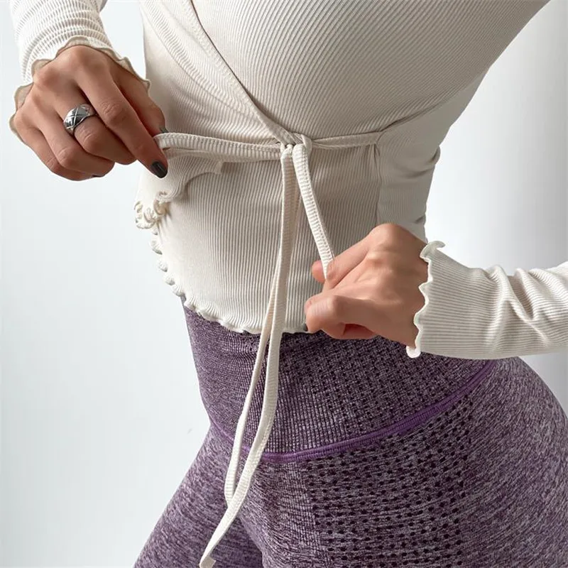Mermaid Curve Sexy Pilates Yoga Shirt Female Long Sleeve Lace-Up Bandage Sports Tops Running Quick Dry Slim Dance Yoga Clothes