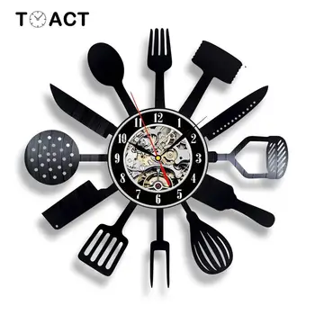 

Kitchen Knife And Fork Wall Clock Vinyl Record Clocks Modern Design Decorative Kitchen LED Hanging Watch Living Room Decoration