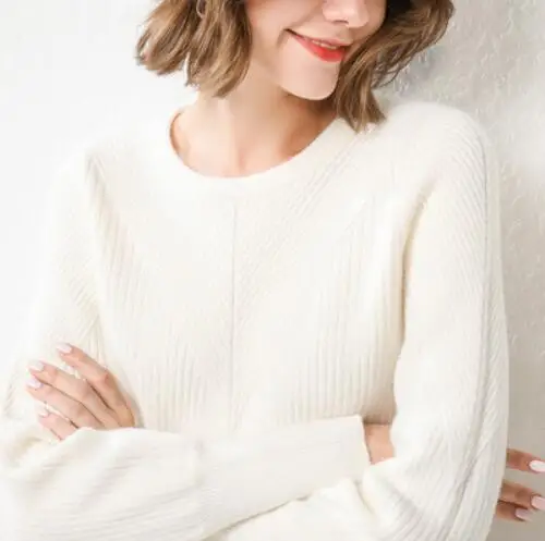 White GCAROL, новинка, Женский дизайнерский свитер в полоску, 30% шерсть, толстый, Осень-зима, минималистичный джемпер, теплый Свободный вязаный пуловер - Цвет: White