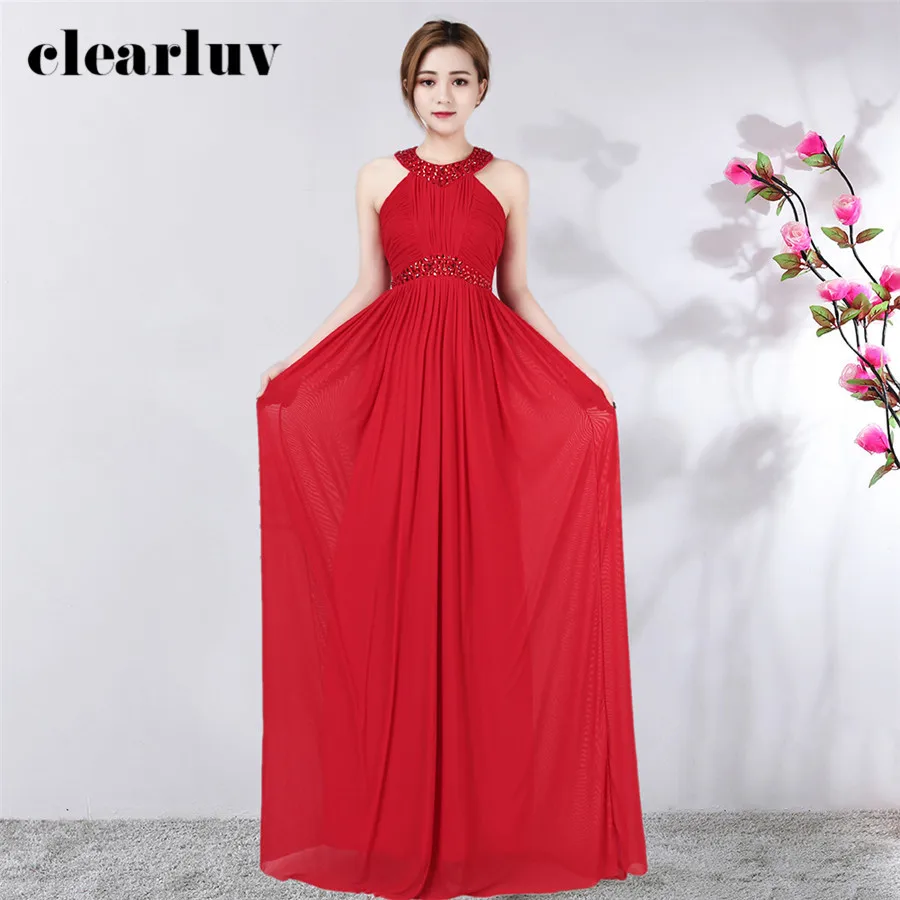 

Formal Dress Long Halter Pleat Straight Evening Dresses DX358-1 2020 Plus Size Crystal Prom Dress Red Elegant Evening Party Gown
