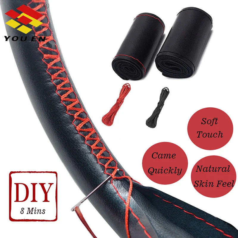 

YOUEN 37/38CM Car Steering Cover DIY Steering Wheel Covers Soft Leather Braid Design With Needle and Thread Interior Kits