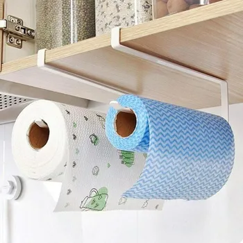 

White Door Cabinet Hanging Paper Towel Rack Free Punching Wrought Iron Cabinet Partition Layer Storage Rack Kitchen Storage