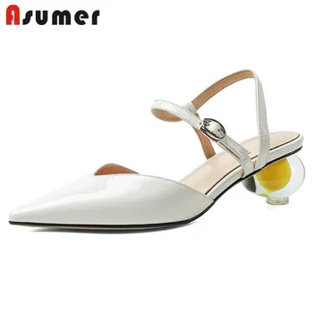 

ASUMER 2020 newest patent leather women sandals pointed toe buckle strange heel summer party wedding shoes ladies sandals