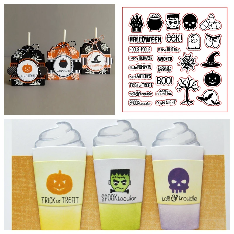 Хэллоуин Мультфильм бирка + фразы прозрачные штампы для DIY изготовления карт дети