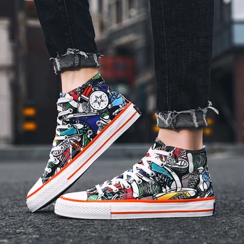 

2019 New hot Ins Men's Shoes Autumn Wild Graffiti Casual Shoes Fashion Trend High To Help Vulcanized Canvas Shoes Sneakers