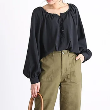 

Round Neck Long Sleeve Blouse Women Korean Spring Autumn Elegant Office Ladies Plain Causal Female Tops 4 Colors Solid Shirts