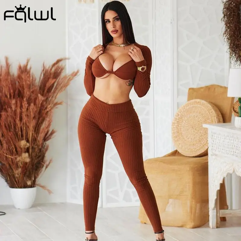 FQLWL Fall Casual Two 2 Piece Sets Tracksuit Sweatsuits For Women Outfits Long Sleeve Crop Top Skinny Brown Pants Matching |