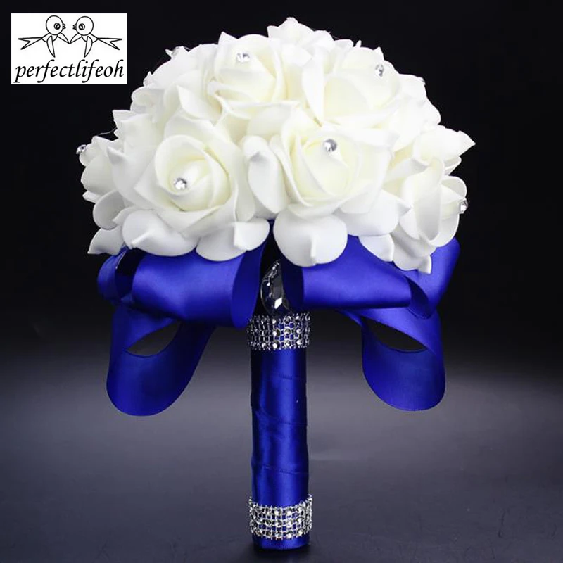 perfectlifeoh Wedding Bridal Bouquet Artificial Flower PE Foam Roses With Faux Crystal Rhinestone Ribbons for Party Church Decor wedding bouquets artificial rose flowers