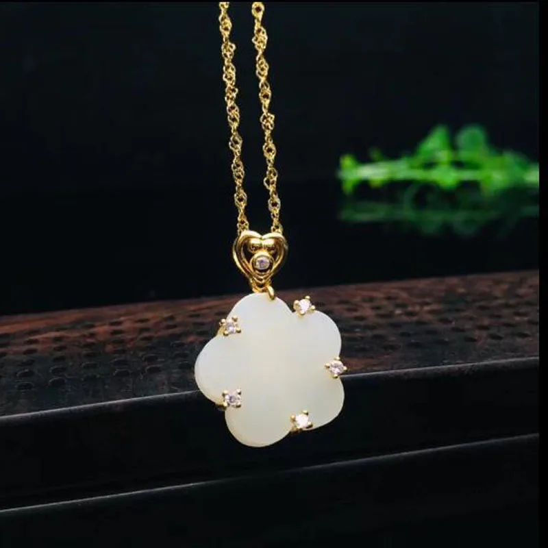 Hot Sale 925 Sterling Silver Hetian White Jade 16*16mm Gems Carved Flower Pendant For Women Jewelry Party Xmas Gift