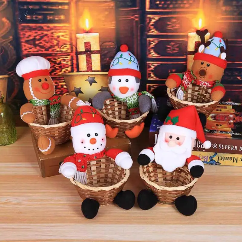 

Cute Christmas Gift Storage Basket Bamboo Cane Santa Deer Snowman Christmas Candy Basket Storage Container Christmas Decoration