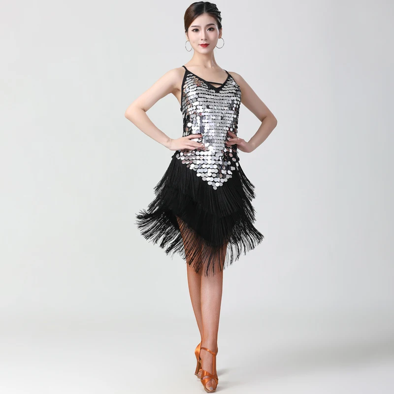 

Latin Dress For Adult Women Latin Dance Skirt Tango Cha Cha Dance Costume Sling Sequins Tassel Dress Professional Stage Costumes