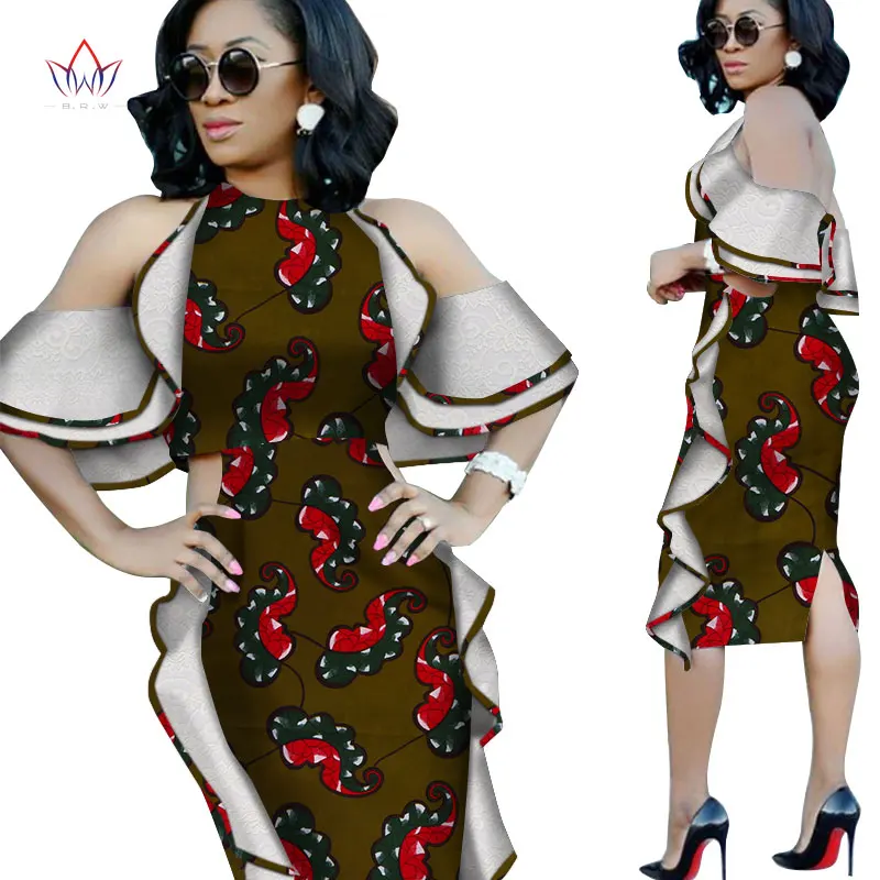 Новая мода Дашики африканские платья для женщин Базен Riche Анкара принт с открытыми плечами кружевные платья Женская африканская одежда WY4976 - Цвет: 14