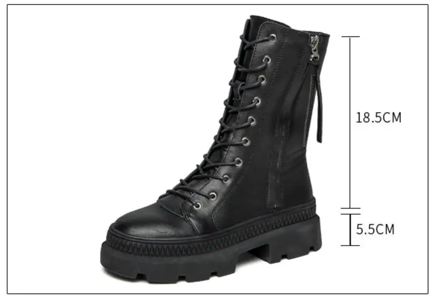 Winter Genuine Leather Chunky Motorcycle Boots Women Autumn Fashion Round Toe Lace-up Combat Military Boots Ladies Shoes