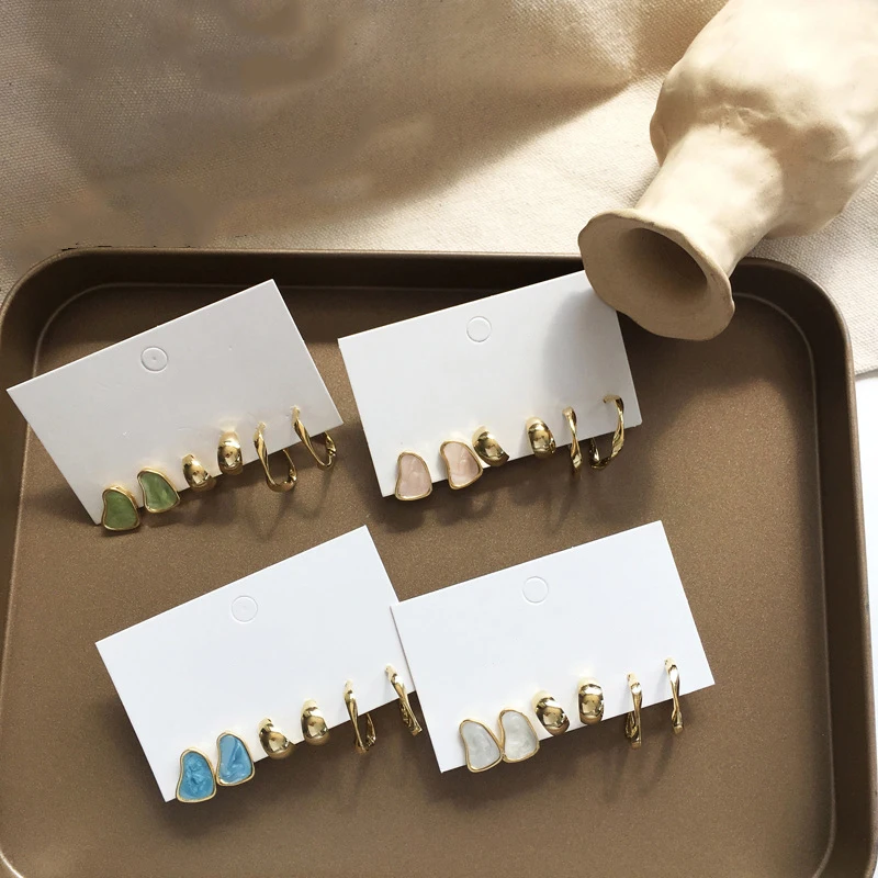 Jewelry Stud-Earrings Pink Small Blue Green Delicate Women Golden Enamel for Gifts