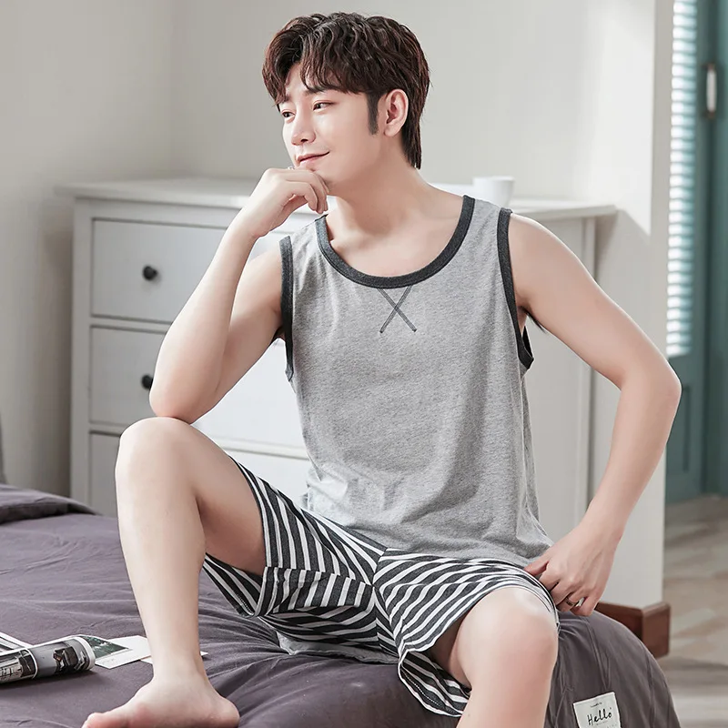 Plus Size L-3XL Summer Mens Vest Pajamas Pure Cotton Thin Section Nightgowns Plaid Sports Leisure Sleeveless Shorts | Мужская одежда