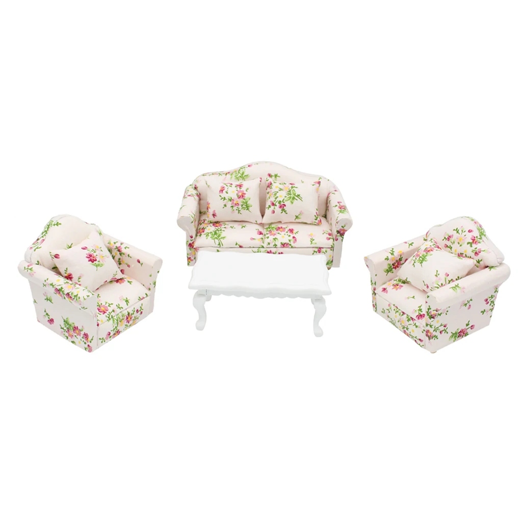 Doll's House Miniatures Living Room Furniture Set Floral Sofa Couch End Table Kits 1:12