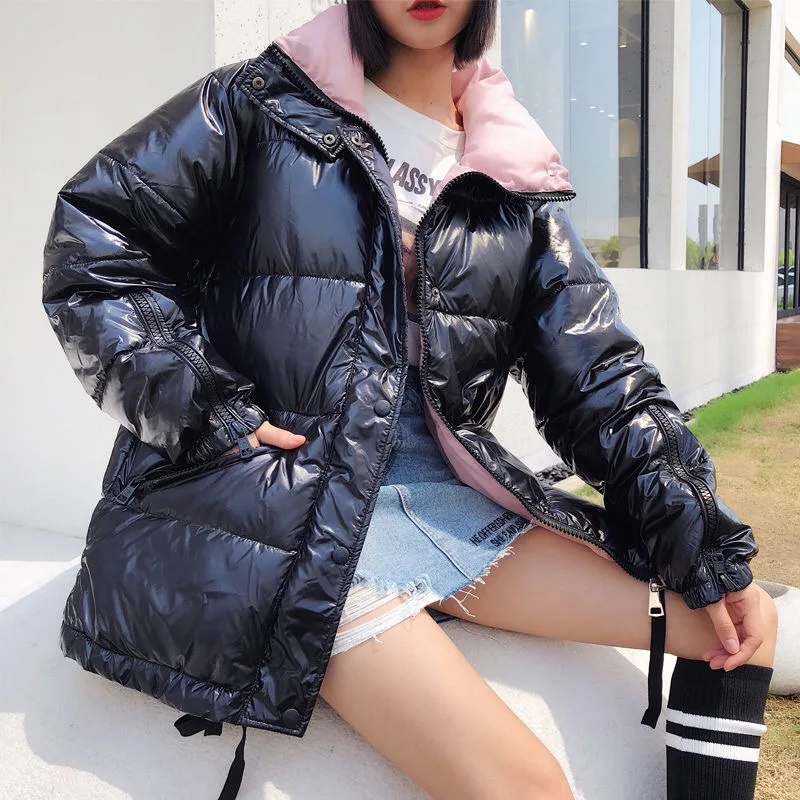 

Women Black Minimalist Casual Shiny Solid Zip Up Puffer Coats 2019 Autumn Winter Going Out Thermal Padded Coat Outerwear