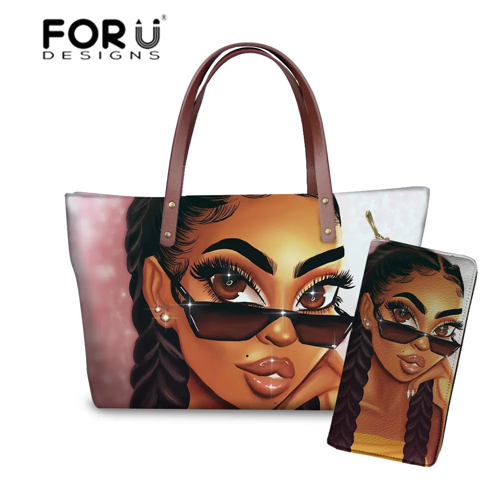 FORUDESIGNS Black Women Art African Girl Printing Shoulder Bags Ladies