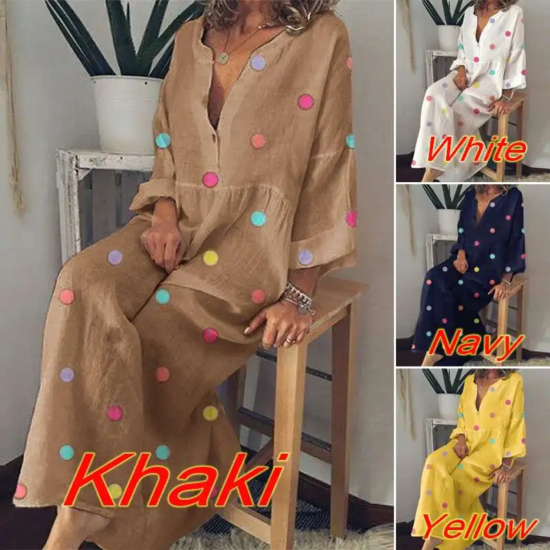 ZANZEA женское платье в горошек осень V шеи с длинным рукавом Vestido Robe Femme вечерние Макси Сарафан большого размера Повседневный кафтан платье