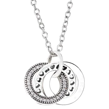 

New 925 Sterling Silver Necklace Interlocking Circle Openwork Heart With Crystal Necklace For Women Wedding Gift Diy Jewelry