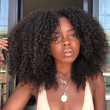 

Short U Part Afro Kinky Curly Wig Human Hair Brazilian Virgin Hair Upart Wigs Natural 1B Black Kinky Curly For Black Woman