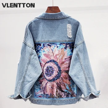 

2020 Spring Autumn Streetwear Print Women's Denim Jacket Coat Diamonds Hole BF Jeans Outwear Female Casual Loose Cowboy Tops