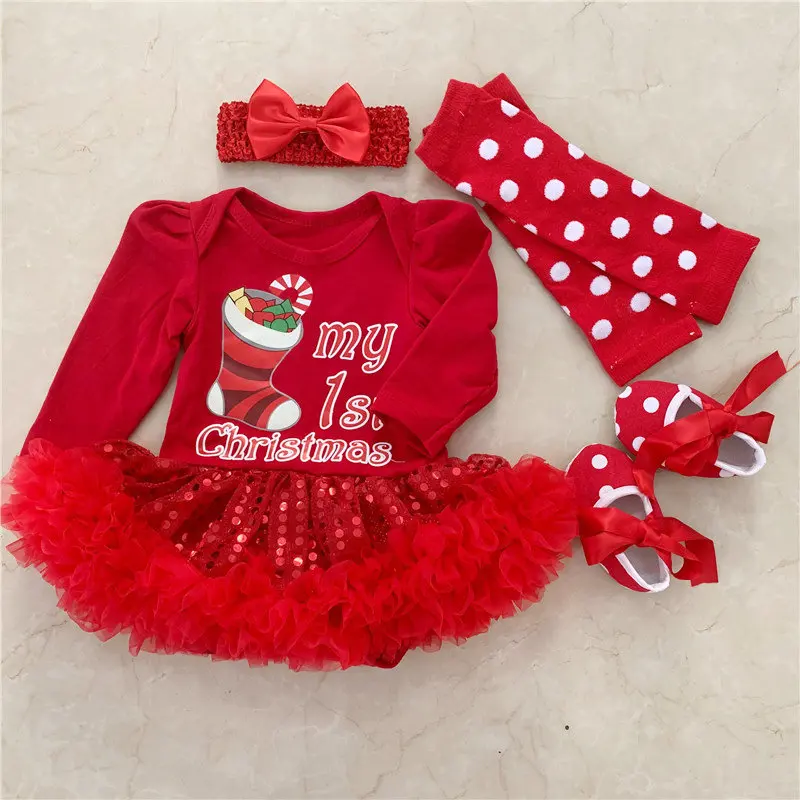 Одежда для новорожденных рождественские боди для девочек платье-пачка+ повязка на голову+ обувь+ носки Детская Хлопковая одежда из 4 предметов подарок на первый день рождения - Цвет: Черный