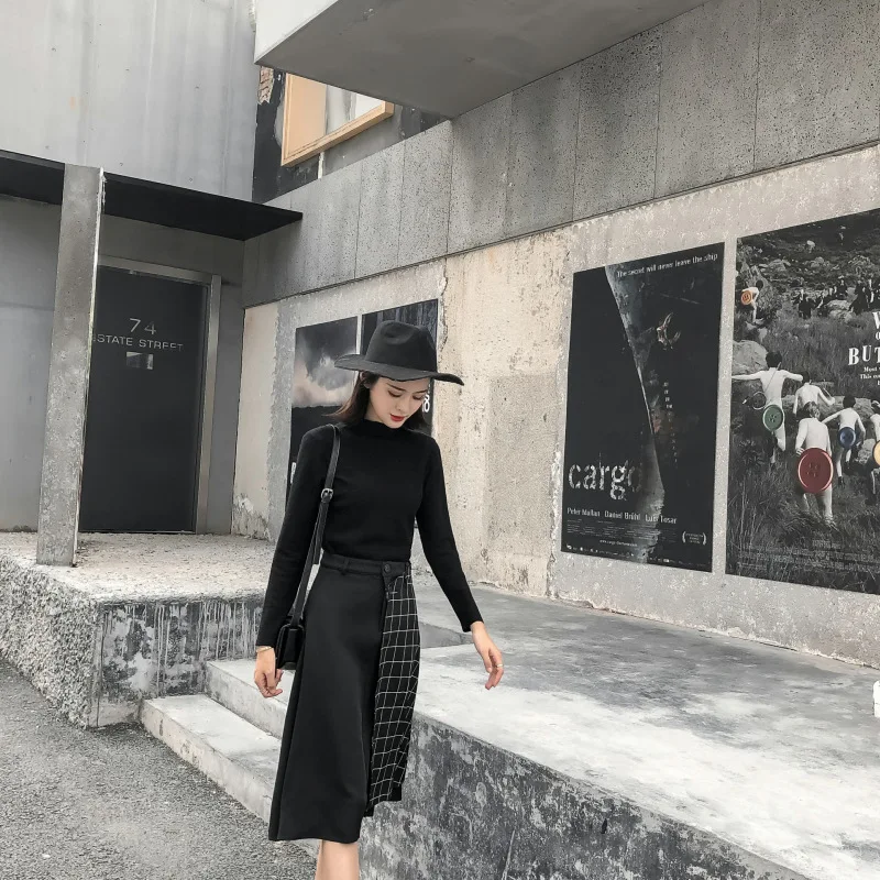 

Hong Kong Flavor Skirt Cool Retro Plaid Stitching Splittable Design Contrast Color Pocket High-waisted Slimming Midi-skirt A- li