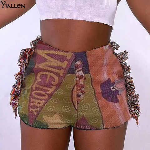 Vintage Print Shorts Women Summer Indie Folk Style Unique Side Tassel Patchwork Pants Hot Hipster Female Clothing Hot