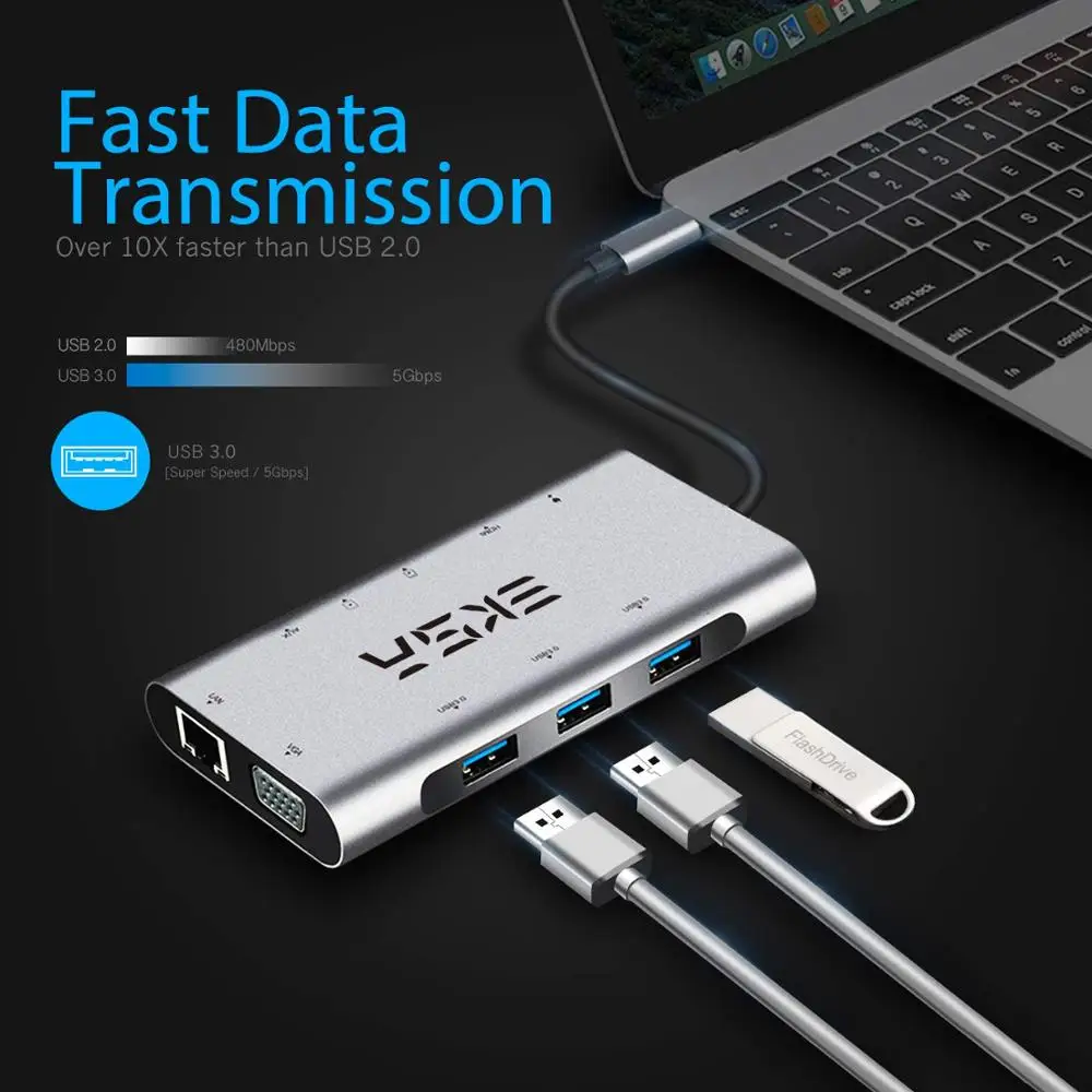 EKSA концентратор USB type C до 3,0 USB HDMI RJ45 usb-хаб для MacBook Pro Аксессуары USB разветвитель Мульти 10 портов type C концентратор USB-C