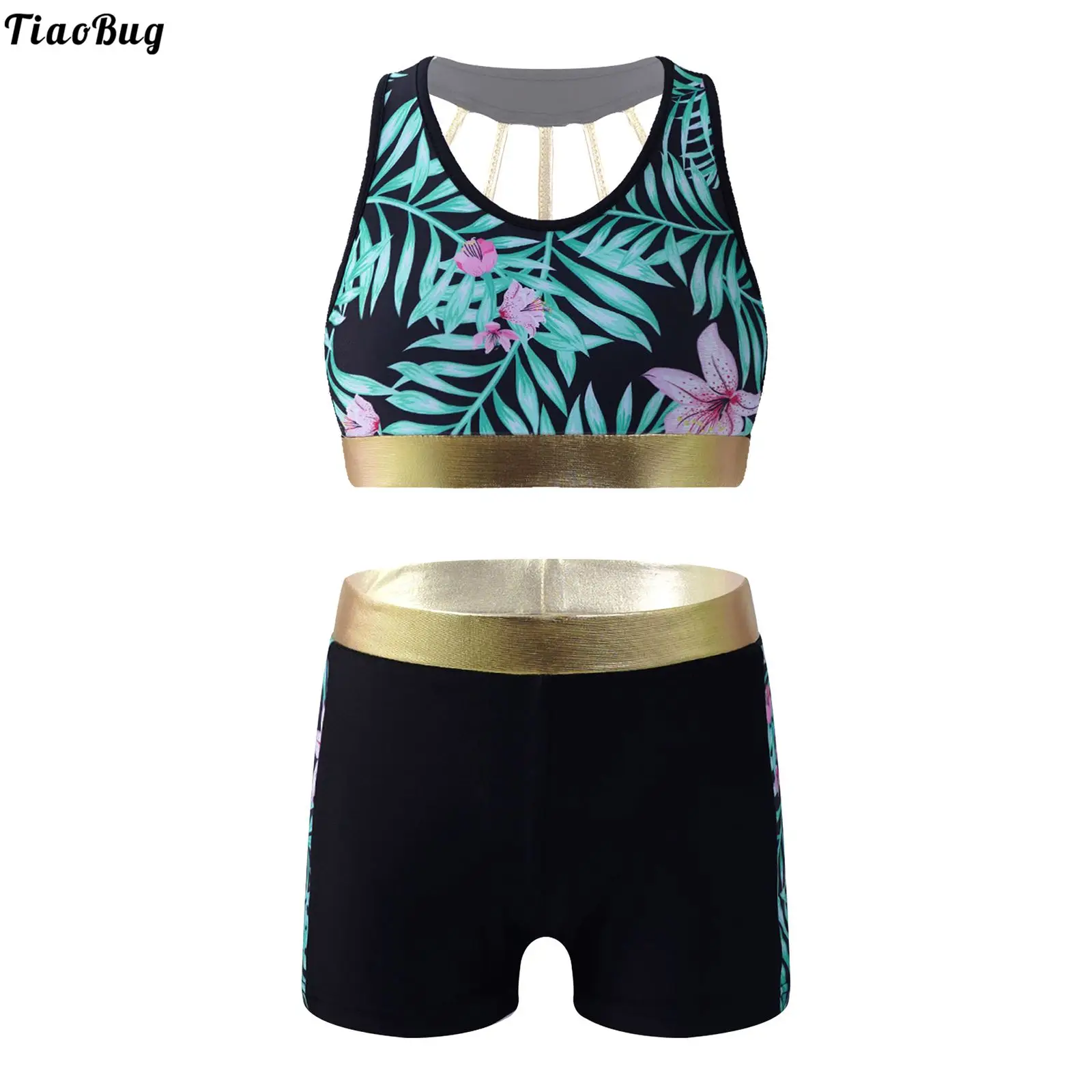 

TiaoBug Summer 2Pcs Kids Girls U Neck Sleeveless Open Back Patchwork Print Swimwear Pool Beach Swimsuit Bikini Tankini Set