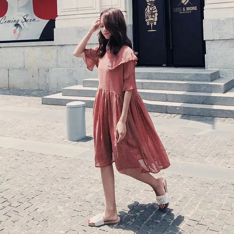

Photo Shoot 2019 Summer New Style Korean-style Loose-Fit Mid-length Casual Red Wave Point College Style Dress Women's