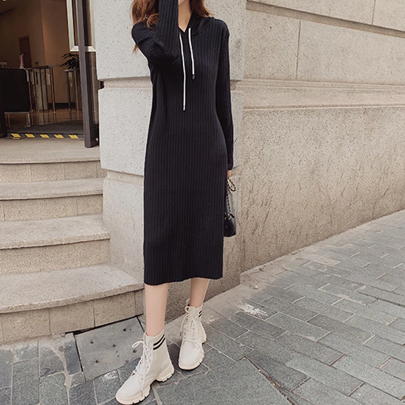 Осень Зима прямой женский свитер платье толстовки с длинными рукавами стрейчевый джемпер Vestidos Femme Midi женское трикотажное платье - Цвет: black