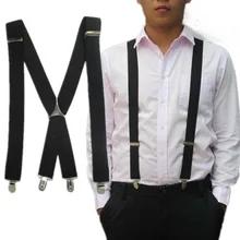Men's Suspenders Elastic 2.5cm X Back Metal Cross Black Plating Buckle Solid Fashioin British Style 4 Clips Strap Leather