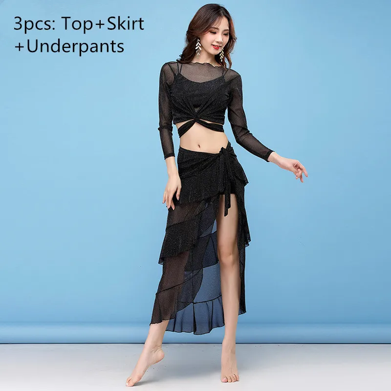 3pcs Black Танец живота с длинным рукавом рубашка упражнения одежда набор сетки серебряный шелк сплит гофрированная юбка Топ женские костюмы для соревнований - Цвет: 3pcs Black