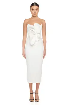 

2020 Women Fashion Strapless White Bandage Dress Elegant Ladies Designer Mid-calf Prom Celebrity Bodycon Party Dress Vestido