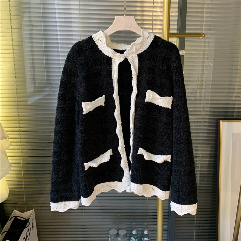 Women Patchwork Knitted Cardigan Niche Single Breasted Knitted Sweater Knitwear Jacket