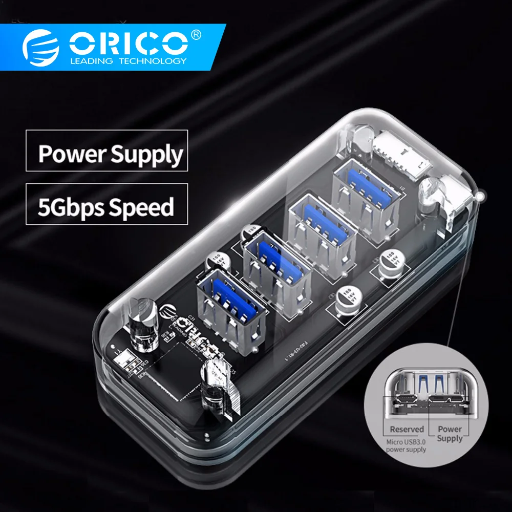 ORICO 4 порта USB3.0 прозрачный концентратор высокая скорость с микро USB интерфейс питания usb-хаб поддержка OTG для Mac/Windows/Linux концентратор 3,0