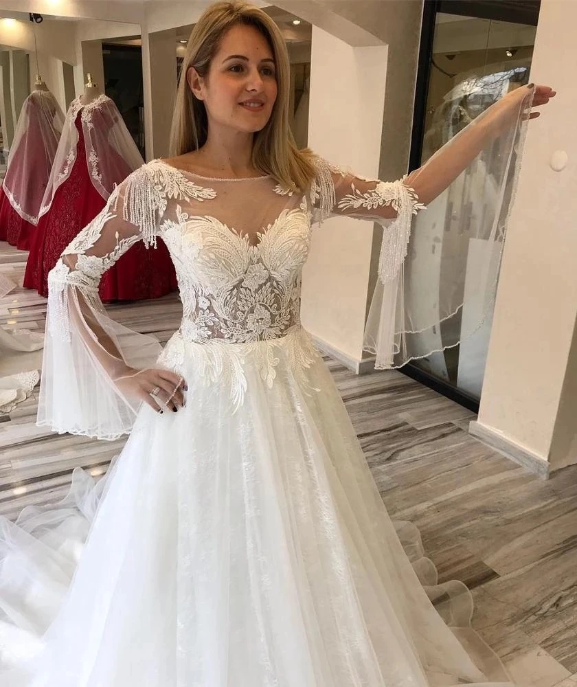 New Design A Line Wedding Dress Sheer Neck Long Sleeve Tassel Lace Glitter Bridal Gowns Graceful Robe de mariee