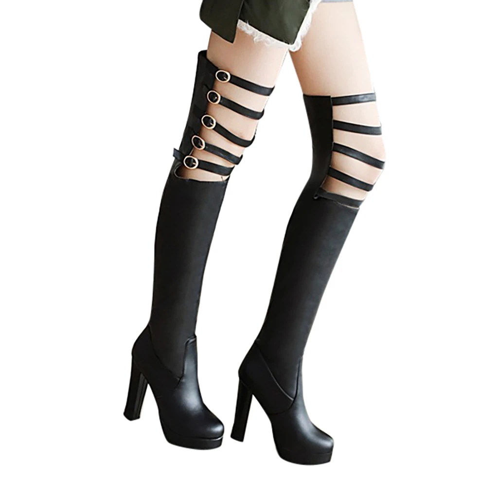 

SAGACE Thigh High Boots Women Vintage Leather Square Heel Knee Height Buckle Boot Keep Warm Round Toe Shoes British Style 1122