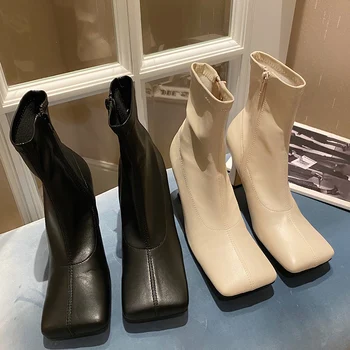 

INS Luxury Brand Women Ankle Boots 2020 Winter Party Shoes Female Beige Heels Square Toe Chelsea Boots High Quality Sock Boots