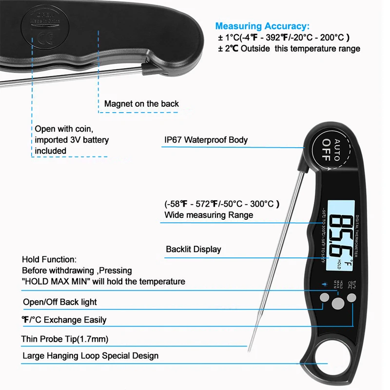 Цифровой термометр для мяса и продуктов водонепроницаемый быстродействующий термометр с функцией калибровки и подсветки пищевой термометр для молока