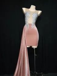 Sparkly Silver Rhinestone See Throug Elastic fabric Long Tailing Birthday Stage play Celebrate Dress Dancer Party Show Dress