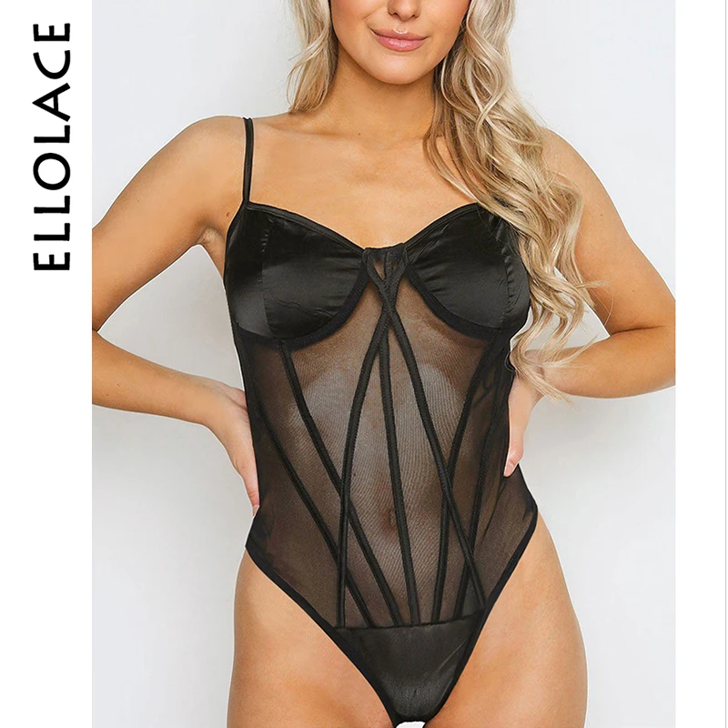 

Ellolace Sexy Mesh Bodysuit Women Bodycon See Through Bodys Ladies Sleeveless Overalls Patchwork 2019 New Solid Fitness Rompers
