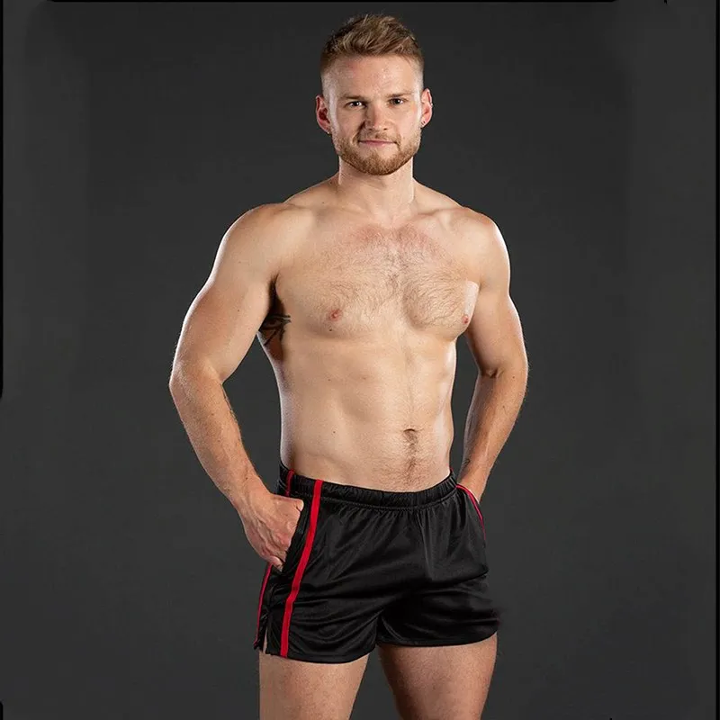 Black and red Мужские шорты для бодибилдинга и фитнеса, мужские летние спортивные шорты для тренировок, дышащая сетка, быстросохнущая Спортивная одежда для бега, пляжные шорты - Цвет: Black and red