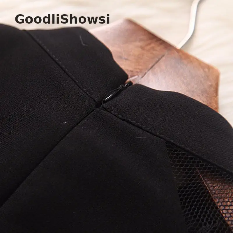 GoodliShowsi, женские вечерние сексуальные платья черного цвета, прозрачные кружевные лоскутные платья со стоячим воротником, очаровательные женские платья с оборками