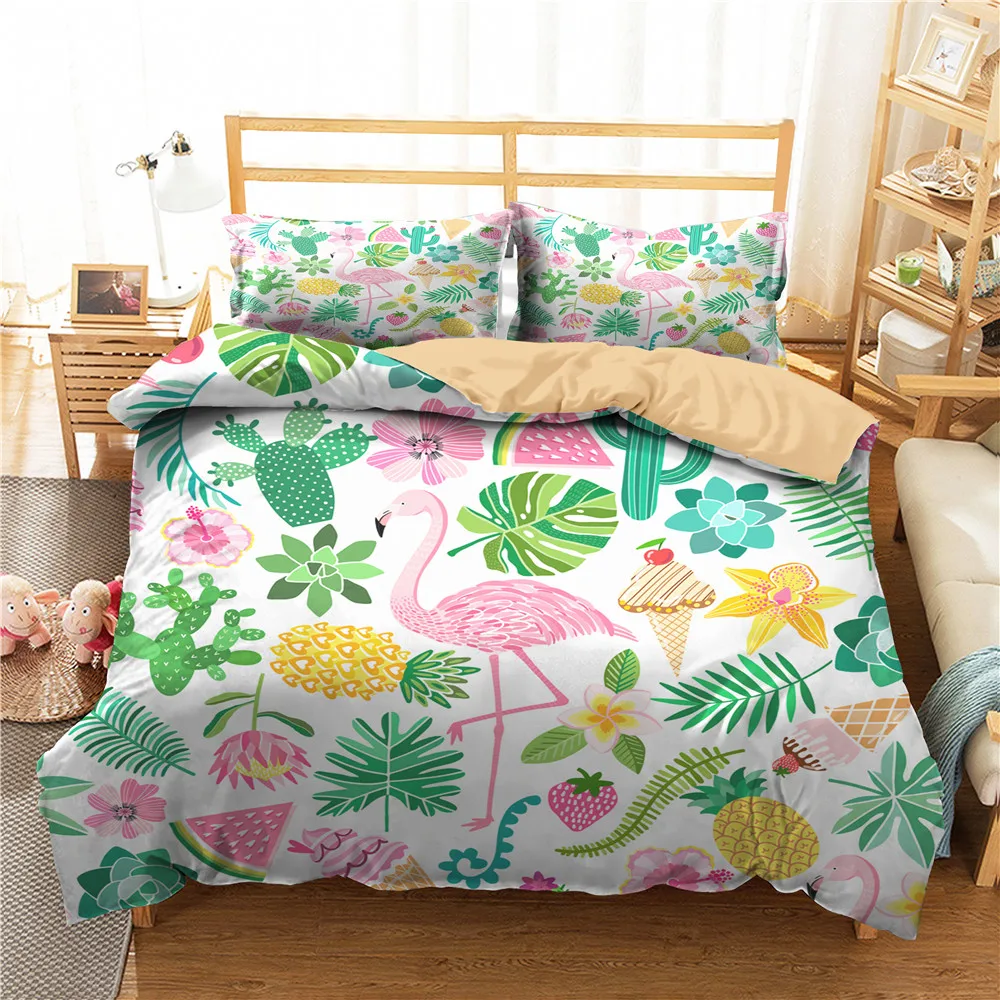 

Bedding Set Cartoon 3D Flamingo and Green Plant Printed Home Textile with Pillowcases Bedroom Clothes Bedding Linen for Girl