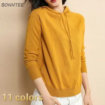 

Pullovers Women Hooded Solid Sweater Knitting High Quality Casual Basic Candy Color Tops Clothing Daily Streetwear Womens Spring