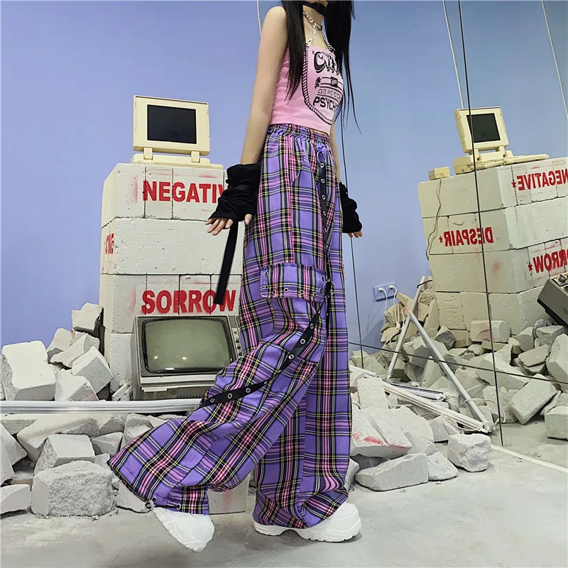 Women Streetwear Style With Pocket Chain Cargo Pants Purple Plaid JKP4785